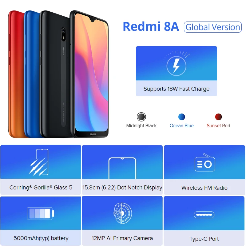 Смартфон Global Verision Xiaomi Redmi 8A 2 Гб 32 ГБ Восьмиядерный процессор Snapdragon 439 5000 мАч