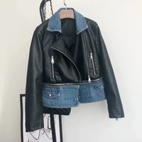 autumn short removable hem denim stitching faux leather jacket women slim zip motorcycle leather jacket ropa de mujer streetwear