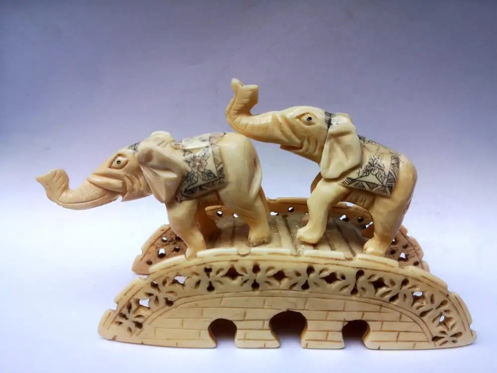 

Коллекция искусств YIZHU Culture, старая китайская тибетская кость ox, ручная работа, 2 слона, мост, украшение, замечательный подарок, украшение, под...