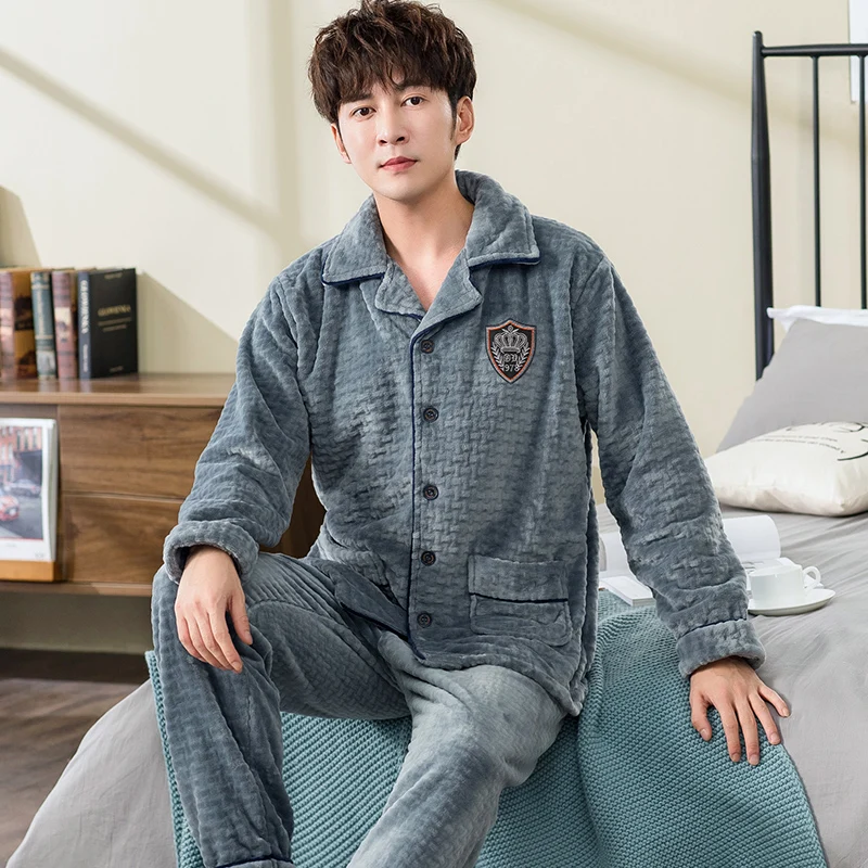 Winter Coral Fleece Pajamas for Men 2 Pieces Lounge Sleepwear Men's Pijama Bedgown 2019 Home Clothes PJ Grey Warm Thicken Pajama