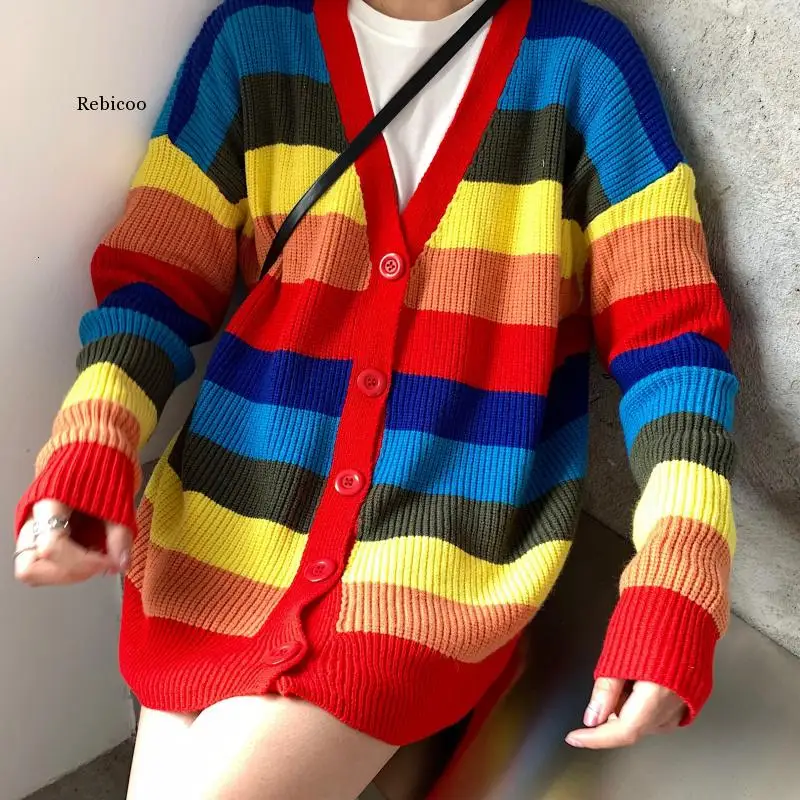 

Spring women's knitted jacket Rainbow Cardigan Loose Overisize Female coat sweater women Colorful Striped Cardigan