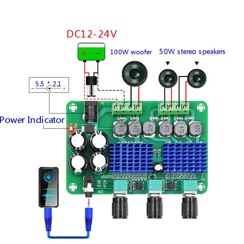 Плата цифрового усилителя 2 1 каналов 2x50 Вт + 100 DC12 24V TPA3116D2 аудио