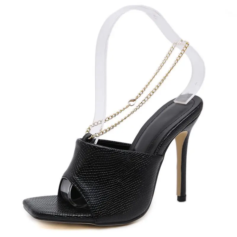 

Fashion women summer sandals slip on high heels shoes snake print metal chains ladies sandals square toe party shoes