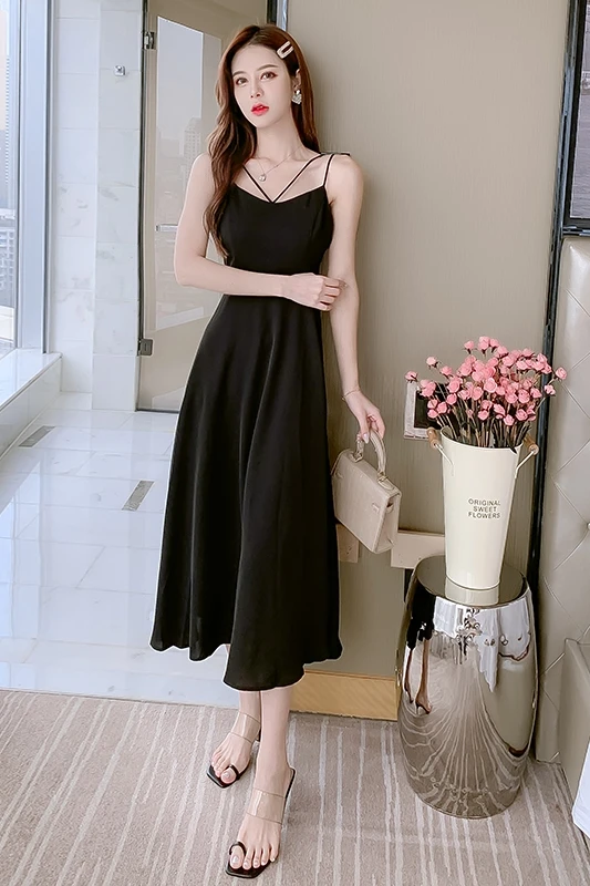 

COIGARSAM Women Korean Dress Fashion One Piece Summer 2021 New Spaghetti Strap High Waist Black Dresses Robe Traf