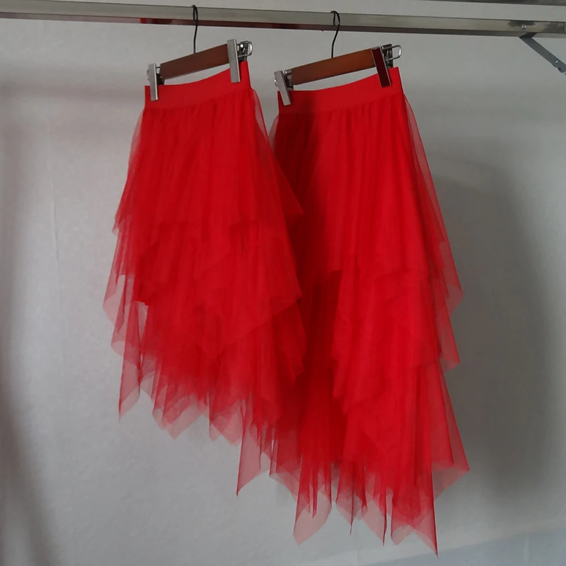 

Tulle skirt for women irregular new fashion elastic high waist white dot mesh red tutu sexy pleated long skirt