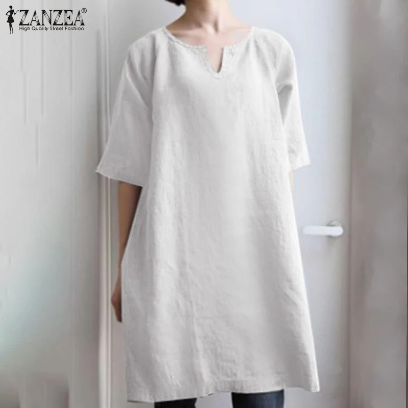 ZANZEA 2022 Solid Tops Vintage Women Long Blouses Short Sleeve Summer Mini Vestidos Female Casual V Neck Blusas Oversize Chemise