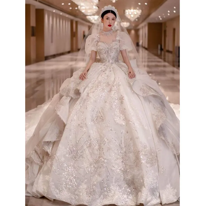 

XNE Collection Luxury Dubai Wedding Dress With Pearls Shiny Glitters Sequins Shiny Robe De Mariee Princesse Ball Gown Wedding Dr