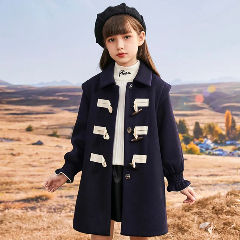 5 7 9 11 12 14 Years Girls Long Coats Overcoats Autumn Spring Single Breasted Turn Down Collar Outerwear Jacket Children Clothes