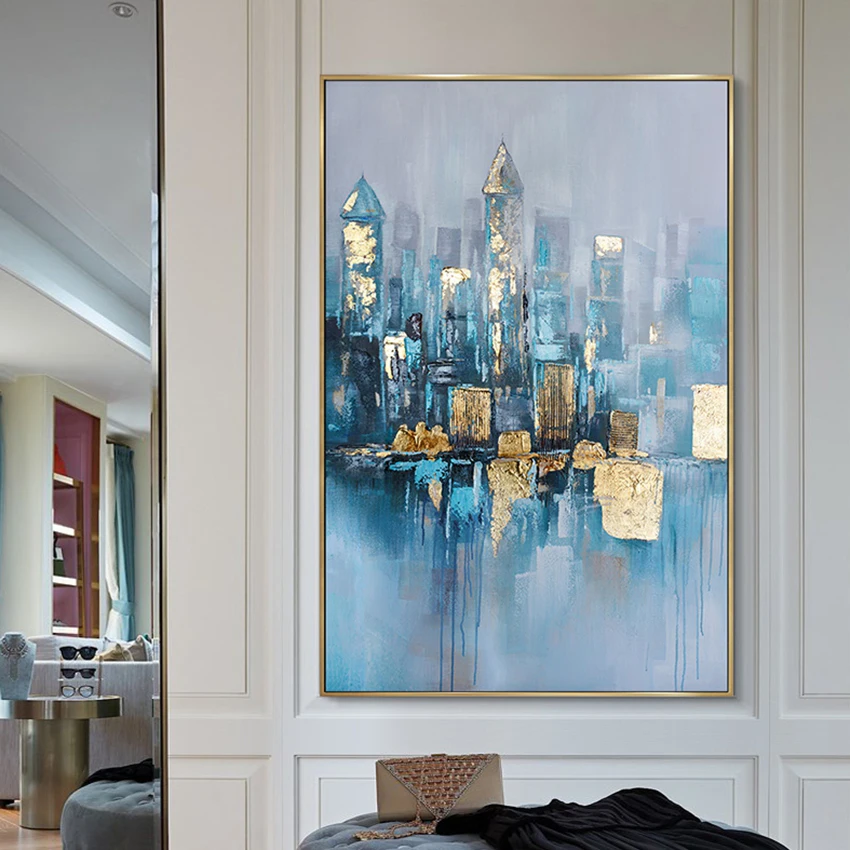 Современная абстрактная картина маслом золотой город ручной работы настенный