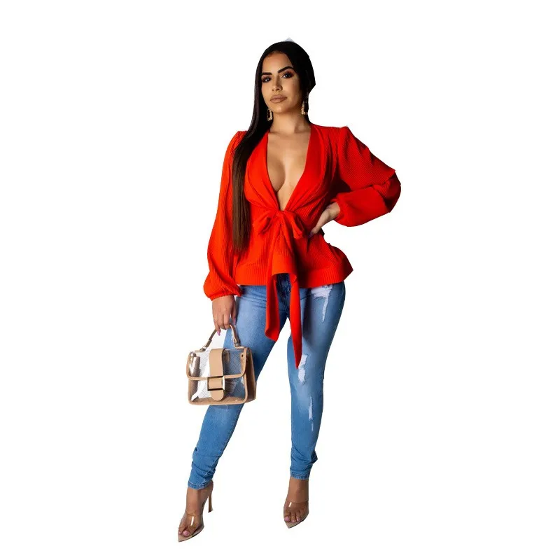 

Raisevern Long Lantern Sleeve V Neck Pleated Sexy Solid Color Lace Up Shirts Female 2019 Autumn Fashion New Tops