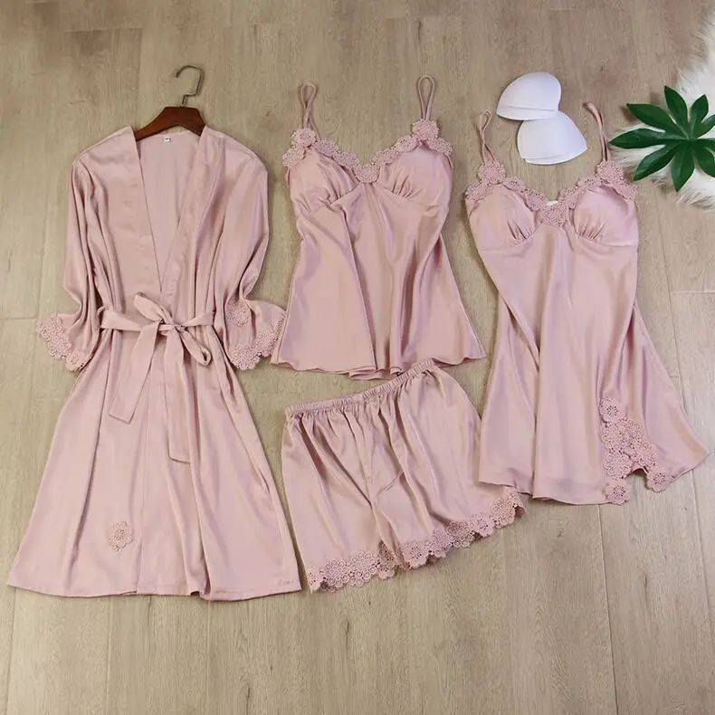 

STAR0125 Women Lace Pajama Sets Satin Silk Sexy Sleepwear Elegant With Chest Pads Home 4pcs Summer 2021