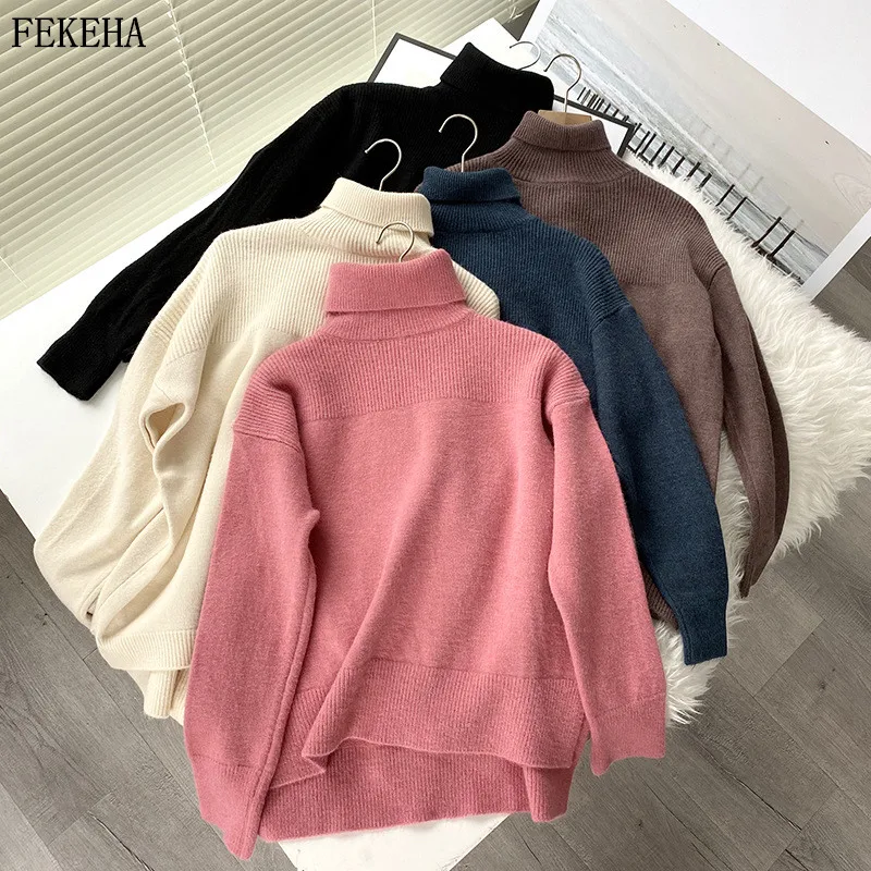 

Зимние свитера с высоким воротником, женский свободный пуловер, джемпер, Женские однотонные Топы с длинным рукавом, трикотажная вязаная оде...