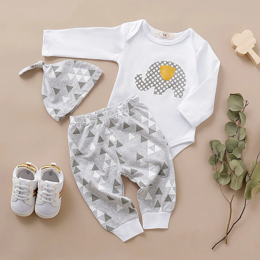 Kids Winter Clothes Infant Baby Boys&ampGirls Cartoon Elephant Print Long Sleeve Romper +Pants+Hat Outfits Roupa Infantil 3M-18M | Детская