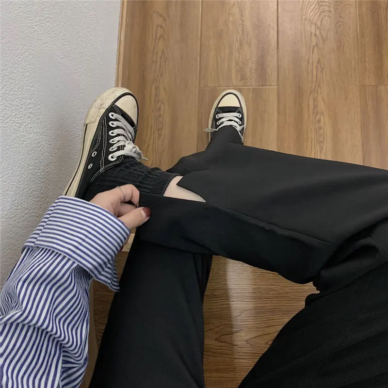 

Hzirip Autumn Slender Retro Basic Loose Straight Slimming Vintage All Match High Street Casual Solid Straight Split Trousers
