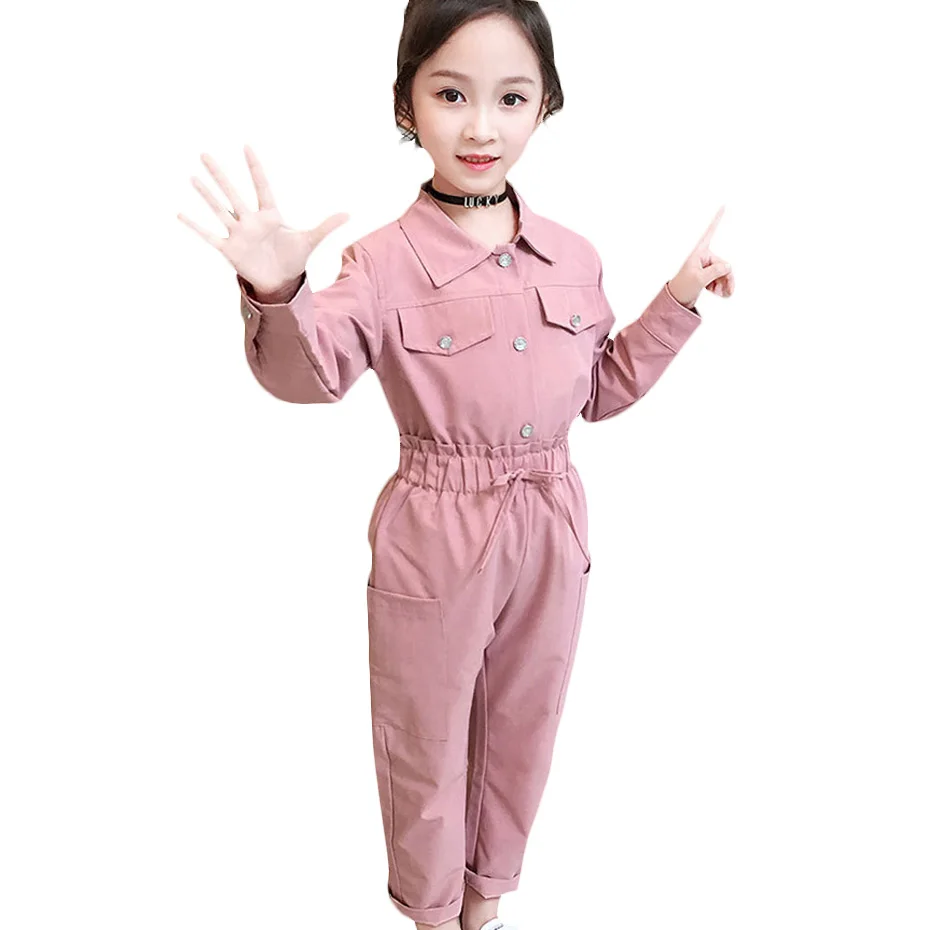 Однотонная рубашка и брюки для девочек комплект одежды с прямой высокой талией