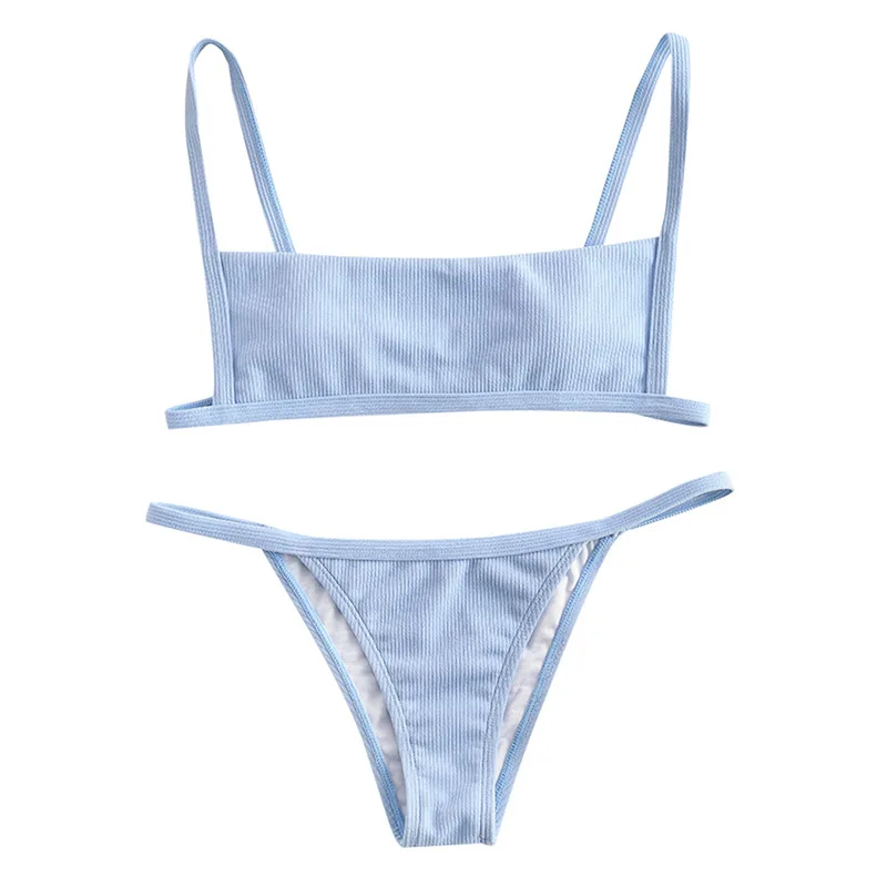 Light Blue ZAFUL Бикини Крючок Ребристый Строка Бикини Набор Провод Бесплатный Купальник с Низкой Талией Квадратный Шеи Купальники Мягкий Твердый Купальник - Цвет: Light Blue
