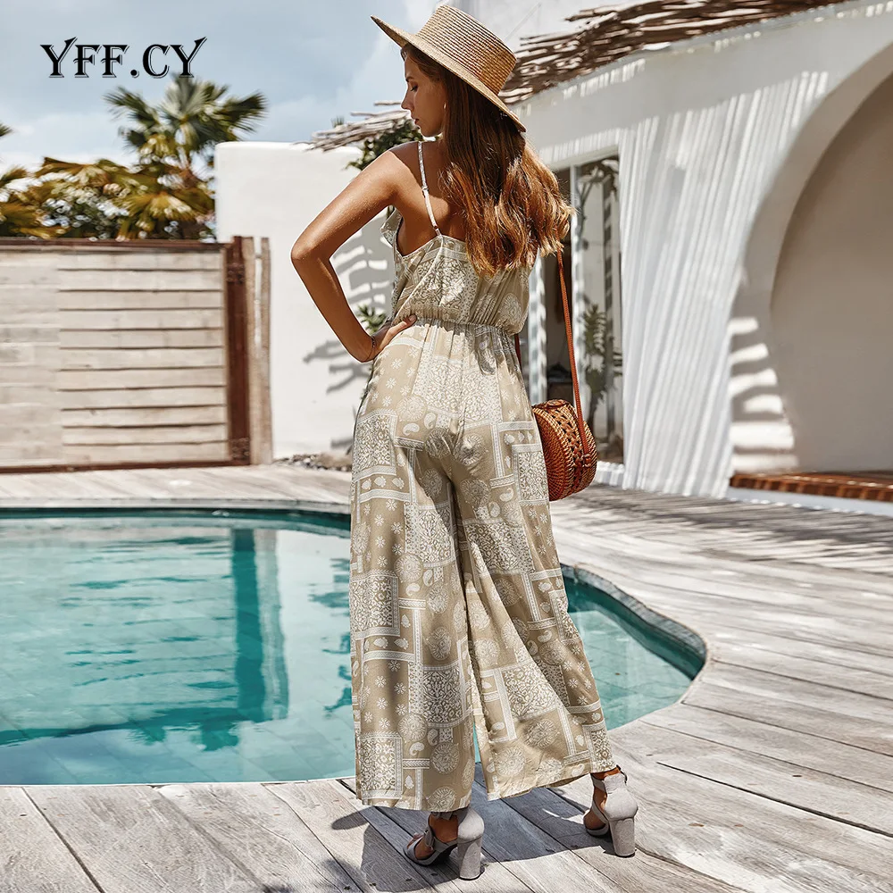 Women Fashion Print backless Bohemian Jumpsuits Summer Sexy Ruffles V Neck Straped Casual Beach holiday Party Playsuit Rompers