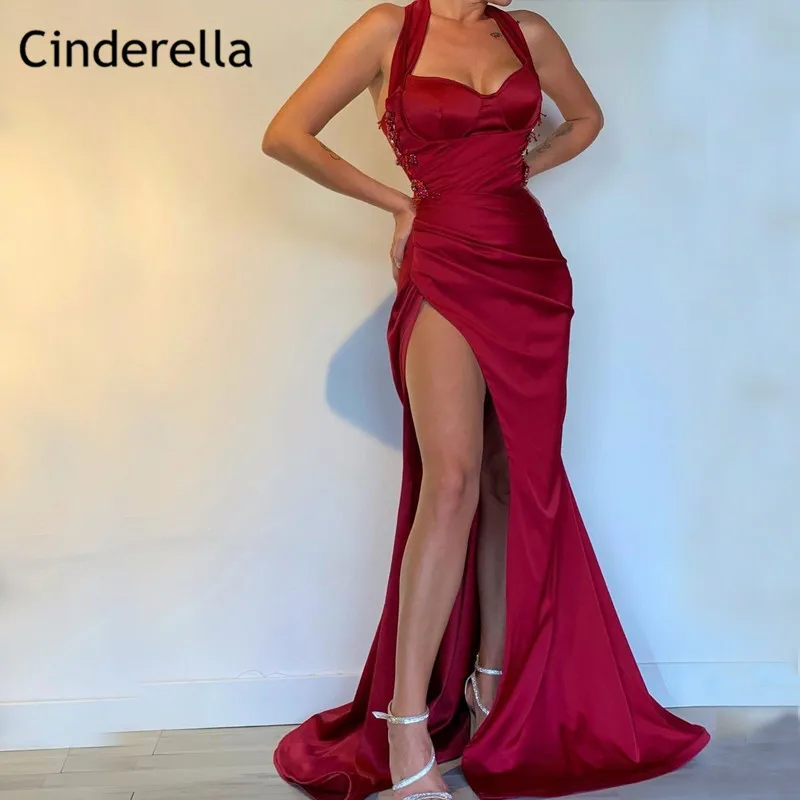 

Sexy Burgundy Side Slit Lace Crystal Mermaid Elastic Satin Sweep Train Prom Dresses With Zipper Back vestidos de fiesta de noche