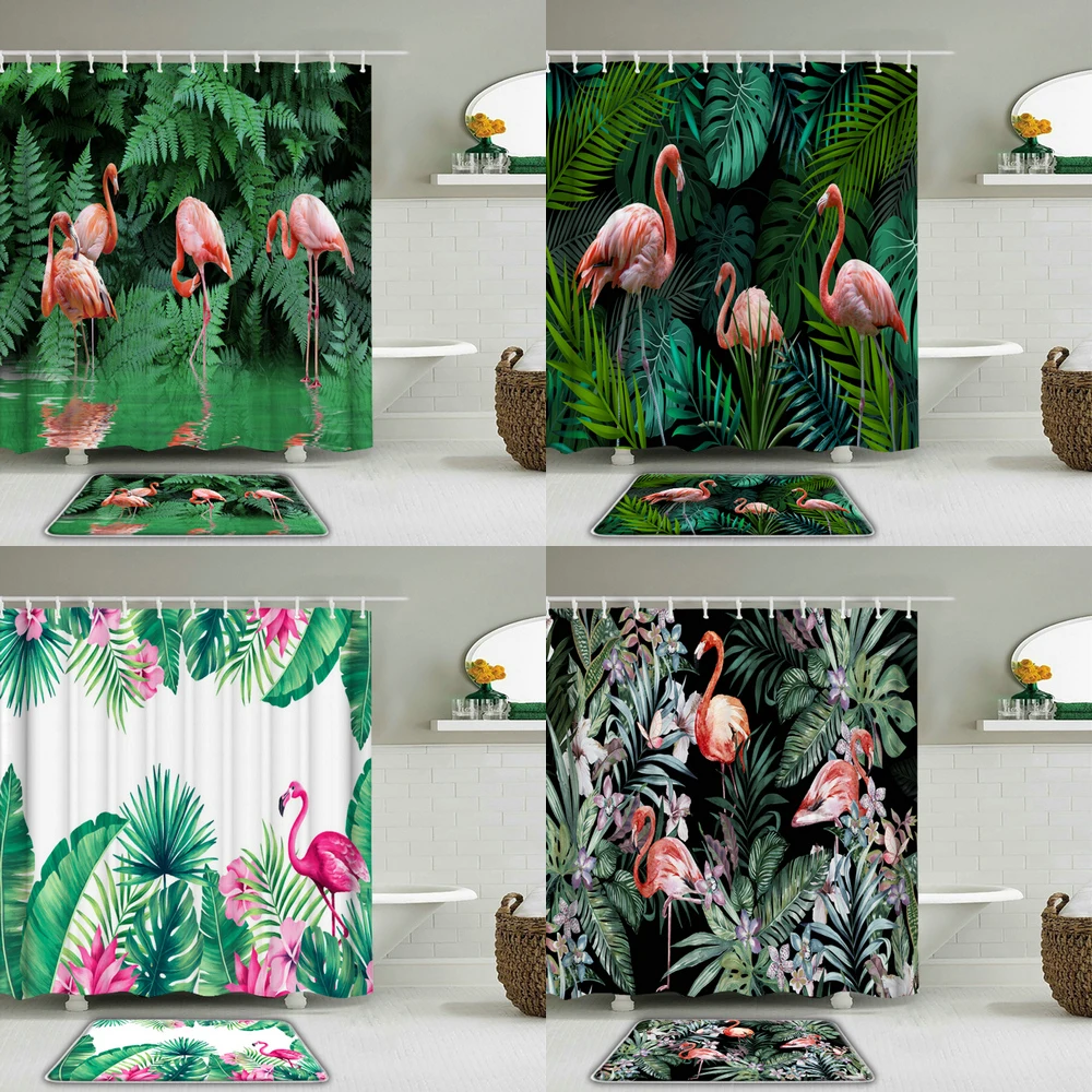 

2Pcs/Set Colorful Flowers Leaves Flamingo Printed Shower Curtain Set Non-slip Bath Mat Waterproof Bathroom Curtains Decoration