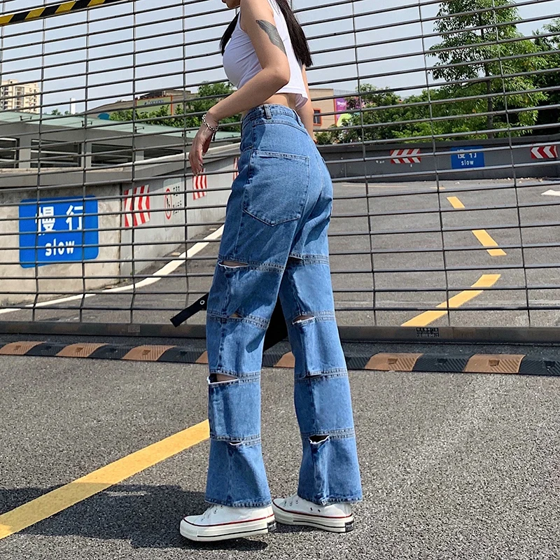 

Y2K Hollow Hole Straight Pants Women Wide Leg Baggy Jeans Korean 2020 Boyfriend Mom Jeans High Waist Loose Denim Cargo Trousers