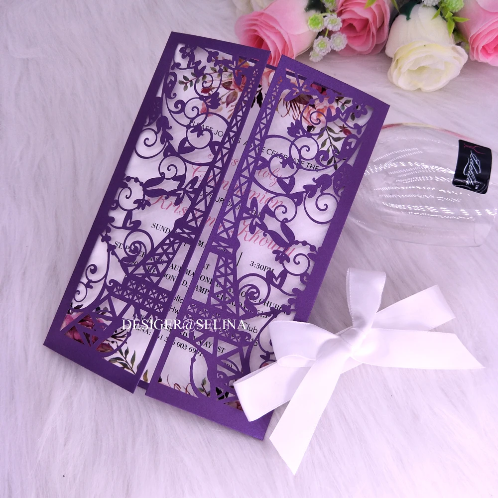 Фиолетовые пригласительные приглашения с лазерной огранкой лентой 20 + цветов на