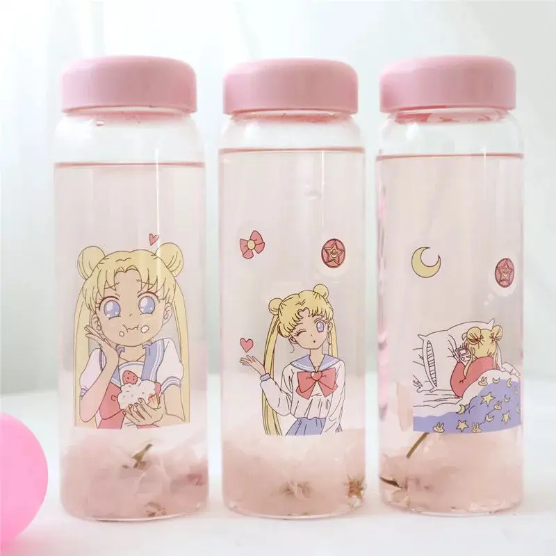 Стеклянная бутылка для воды с защитной сумкой Сейлор Мун 450 мл Мультяшные розовые