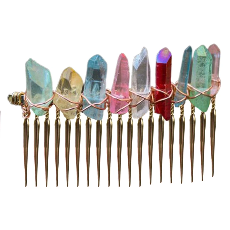 

Handmade Jewelry Hairpin Colorful Transparent Raw Quartz Crystal Hair Comb Clip