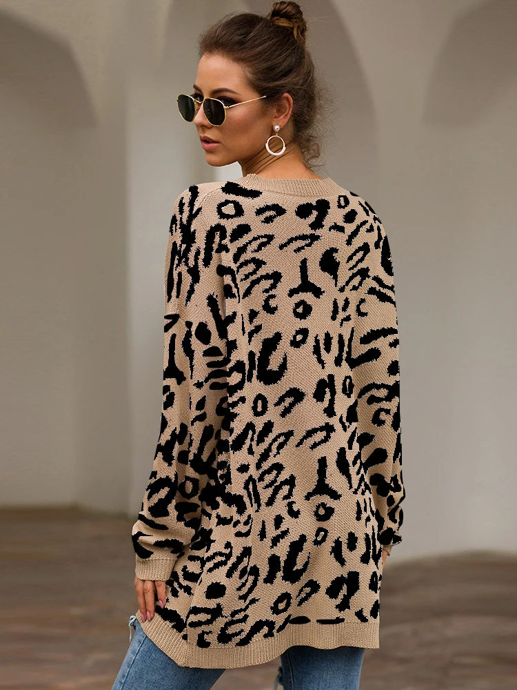 

Women Winter autumn Warm loose Fashion Leopard Print Knitted coat Jumpers long sleeve Tops Soft Printed Knitting Sweaters