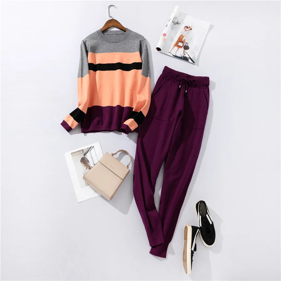 

2019 Pullover Sweater Women Knit Pants Suit Two Piece Sets Women Autumn Winter Warm Knitted Tracksuit Sporting Suit Female