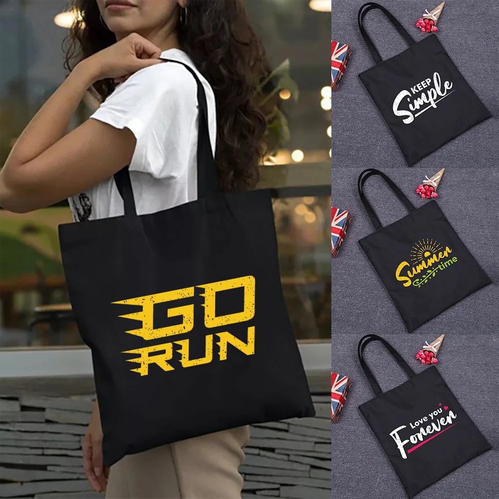 

Складная женская сумка-шоппер, ручная сумка из искусственного хлопка, модная черная сумка в минималистичном стиле с принтом, Холщовая Сумка...