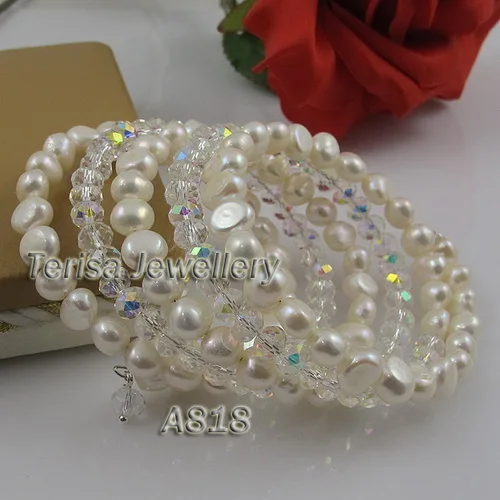 

White Pearl Bracelet Clean Crystal Beads Real Genuine Freshwater Pearl Bracelet 5 rows Charming Women Wedding Birthday Gift