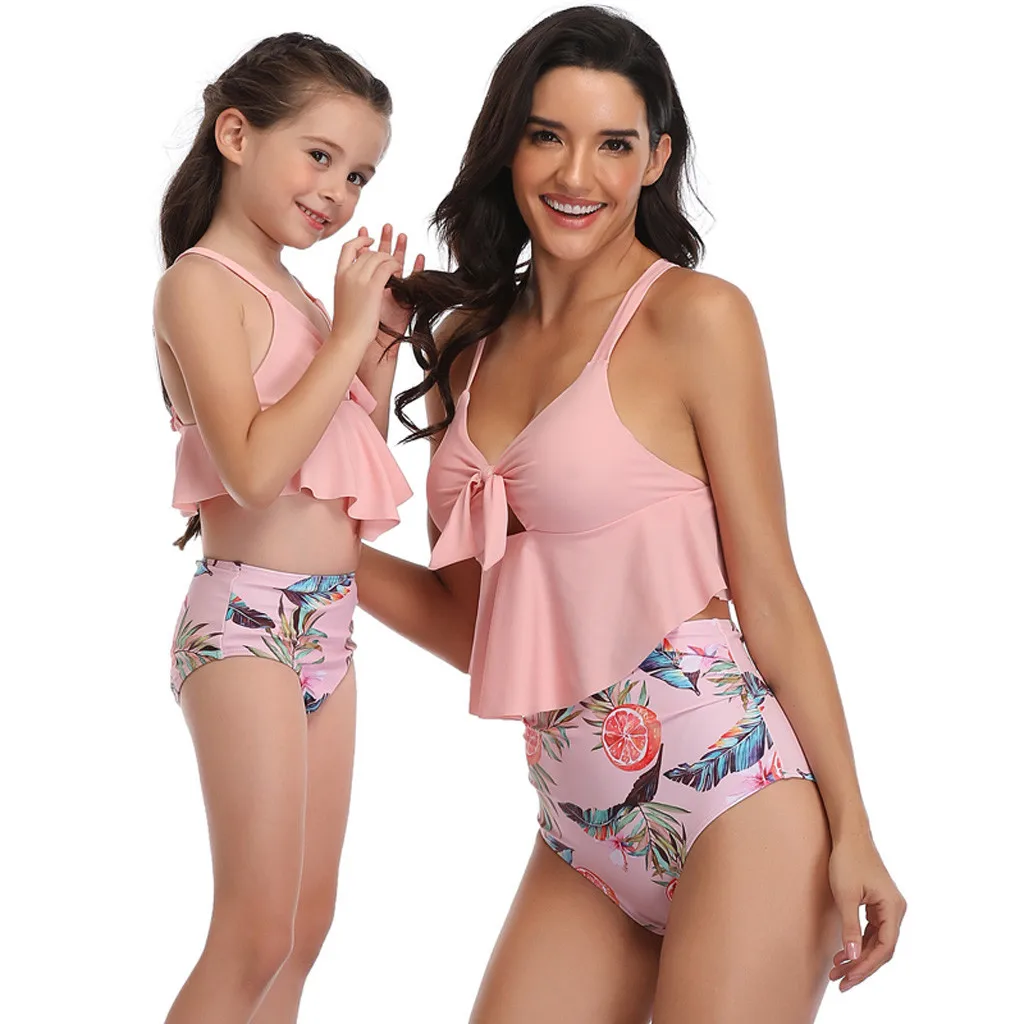 Купальный костюм из двух предметов с принтом для мамы и дочки купальный высокой