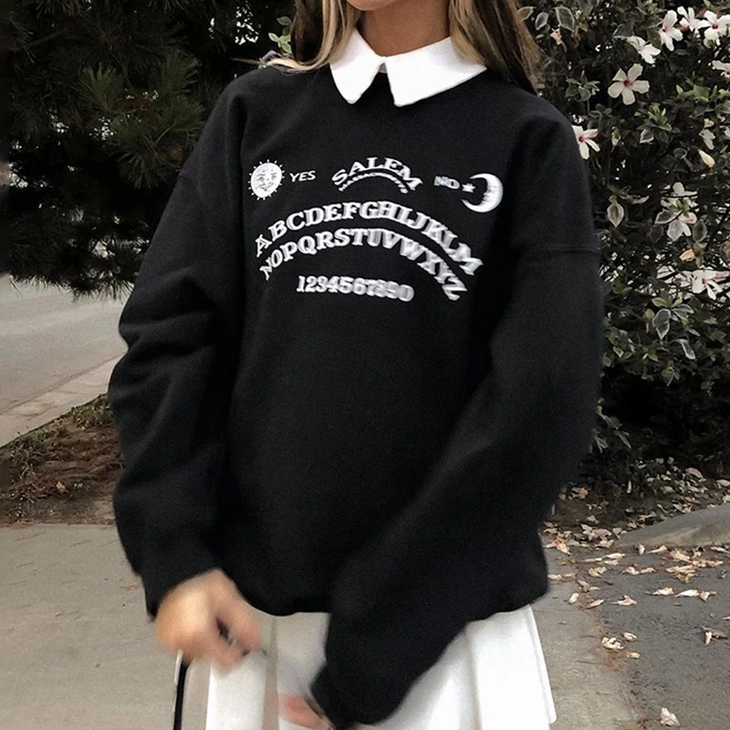 Winter Black Plus Size Sweatshirt Women Harajuku Grunge Gothic Oversized Streetwear Letter Hoodies Long Sleeve Lapel Pullovers