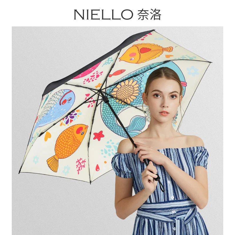 

Niello Daisy small black umbrella with thick vinyl sunscreen anti UV sunshade umbrella female ocean fish colorful