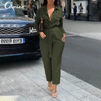 womens 2021 fashion jumpsuits celmia sexy lapel cargo jumpsuit summer long sleeve pockets belted buttons solid trousers s