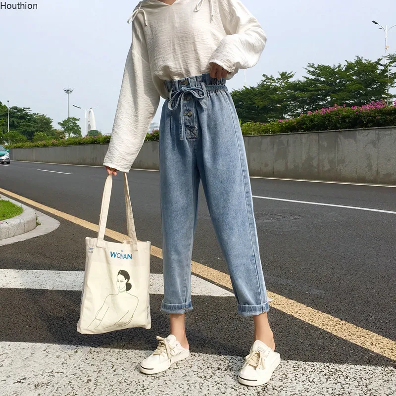 

Women's Jeans High Waist Ankle-Length Pants New Spring/Autumn Fashion Casual Loose Buttons Lace Up Pocket