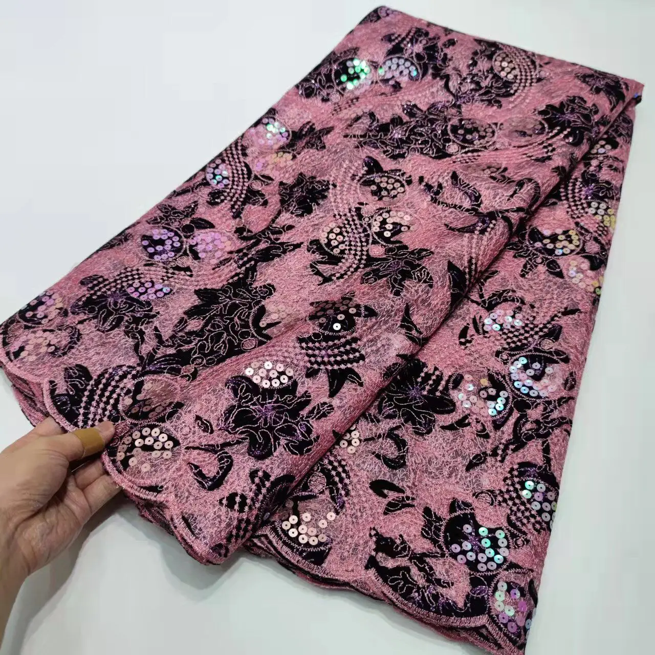 Оптовая продажа Лидер продаж сетчатая кружевная ткань с 3D блестками розовая 2022