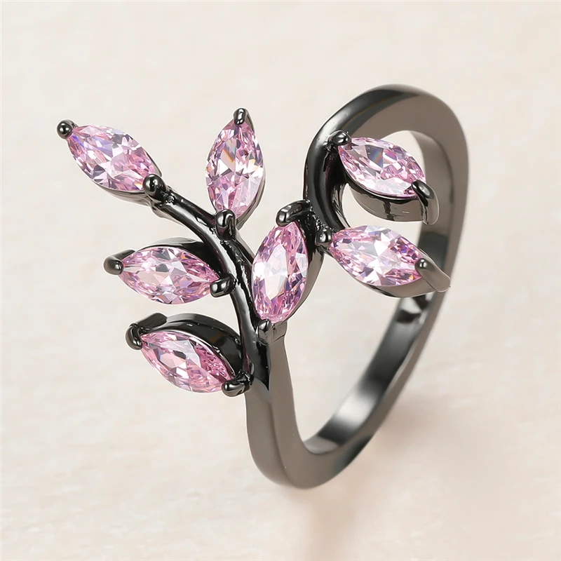 Изысканный женский розовый кристаллический камень кольцо Роскошные 14KT черного и