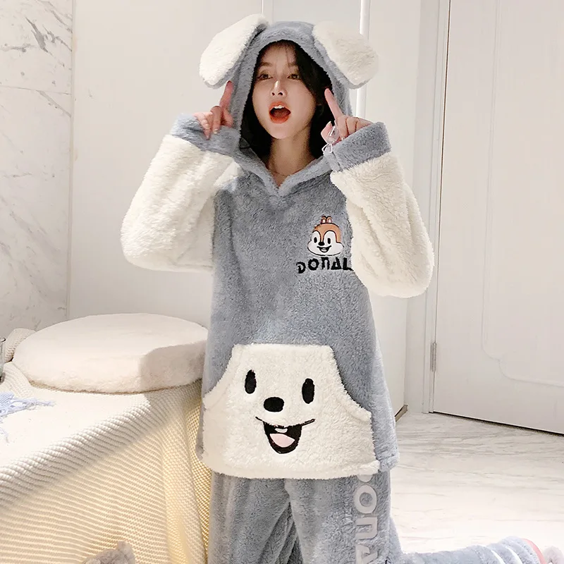 Сезон осень зима Женская плюшевая Пижама с капюшоном и милыми заячьими ушками