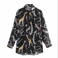 qweek vintage blouses women harajuku streetwear animal print shirt button up long sleeve top patchwork 2021 fashion women blouse