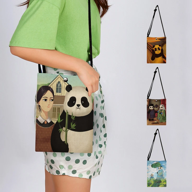 

Ladies Shoulder Bag Funny Spoof Famous Painting Panda Printed Canvas Handbags Women Designer Crossbody Messager Bags Phone