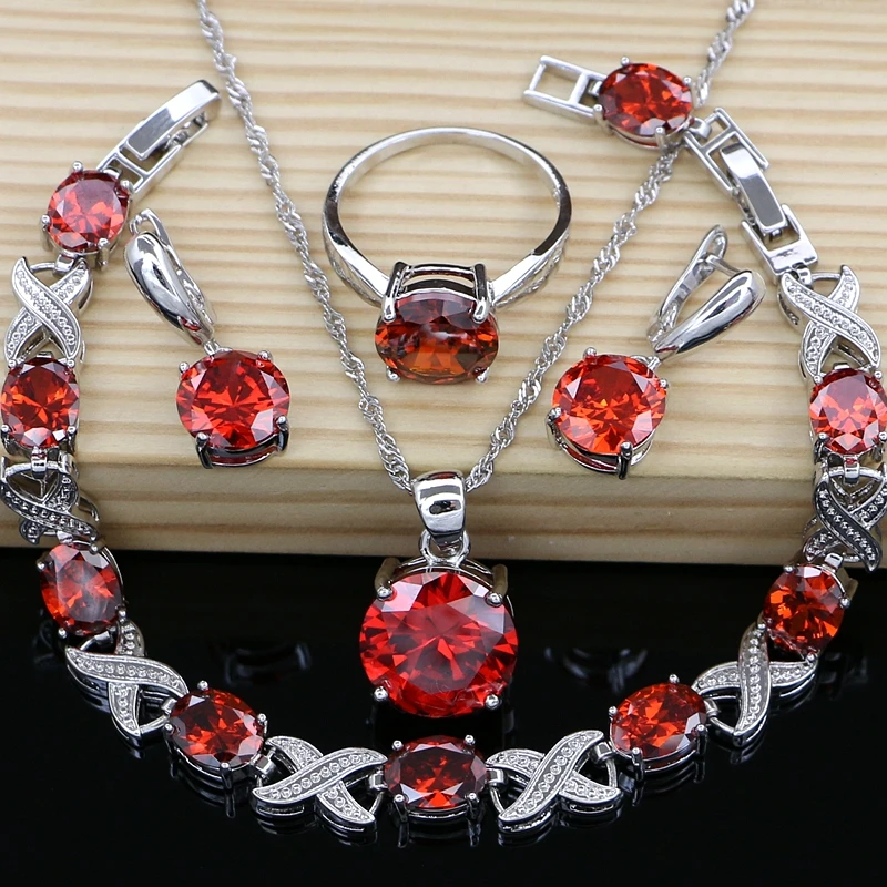 

Flame Red Cubic Zirconia Bridal Jewelry Sets for Women 925 SilverWedding Stone Earrings with Stone Necklace Set Dropshipping
