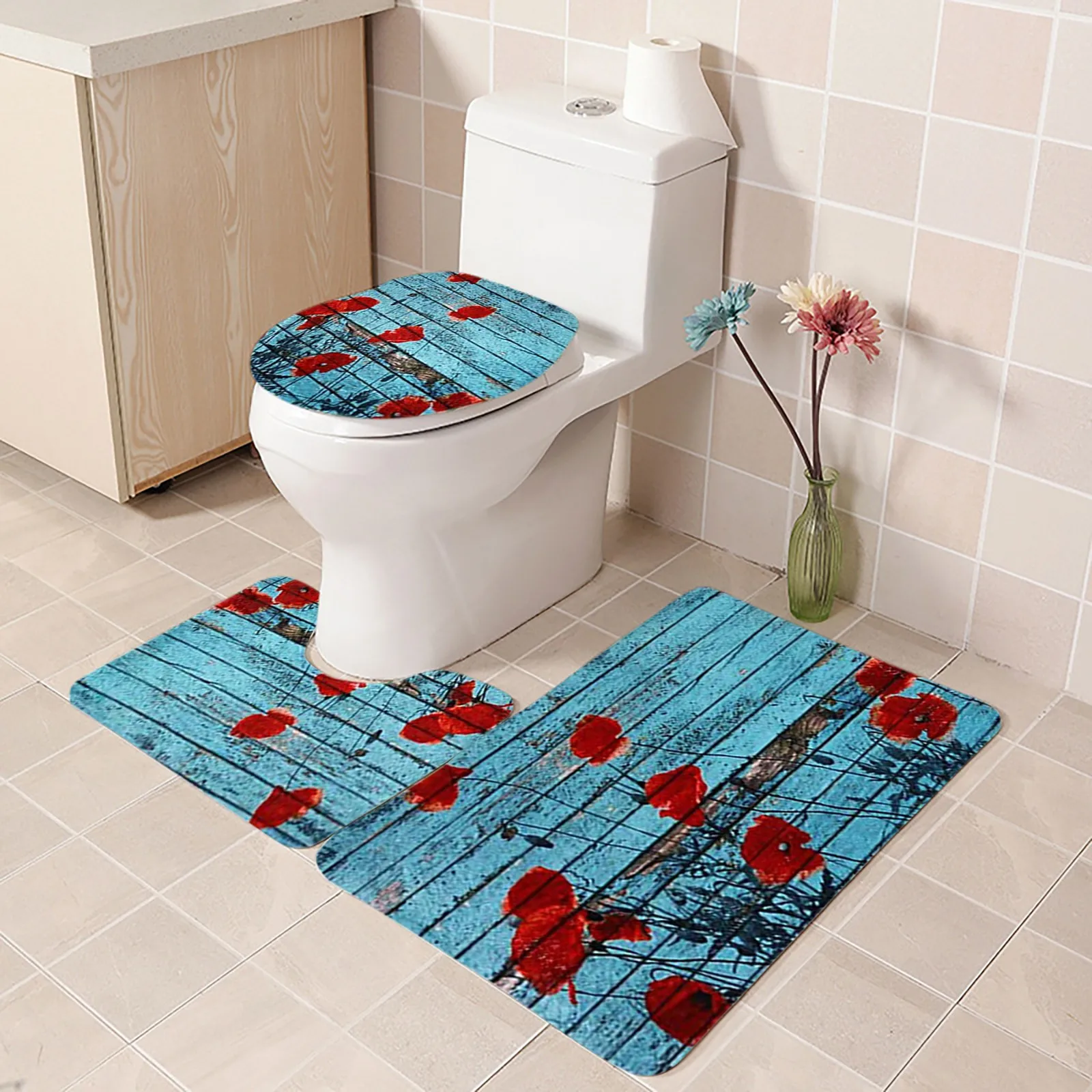 

flower Bathroom Bath Mat Set 3pcs Shower Curtain Set Bath Rugs kid Bathroom Carpet Toilet Foot Pad Bath Mat Flannel Room Rug
