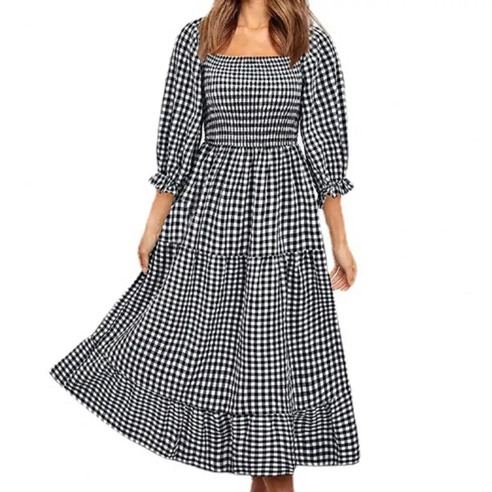 

Plaid Print Midi Dress 3/4 Puff Sleeves Soft Square Neck Elastic Waist Summer Dress Sundress Daily wear Black xl vestidos 2021