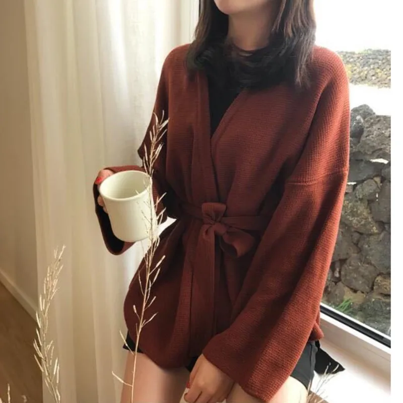 Длинный Повседневный Свободный кардиган с V-образным вырезом вязаная верхняя