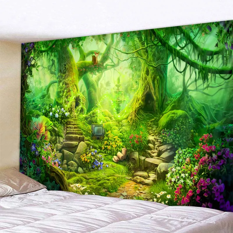 Fantasy Landscape Tapestry Psychedelic Forest Home Decor Art Wall Hanging Boho Aesthetic Room Decor Home Yoga Mat Mattress