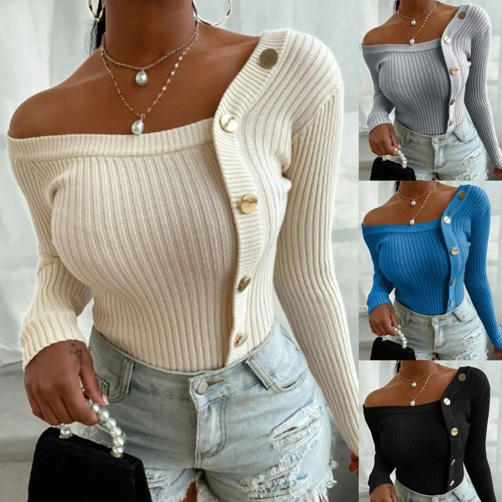 

Fashion Women Autumn Blouse One Shoulder Ribbed Buttons Jumpers Slim Knit Sweater