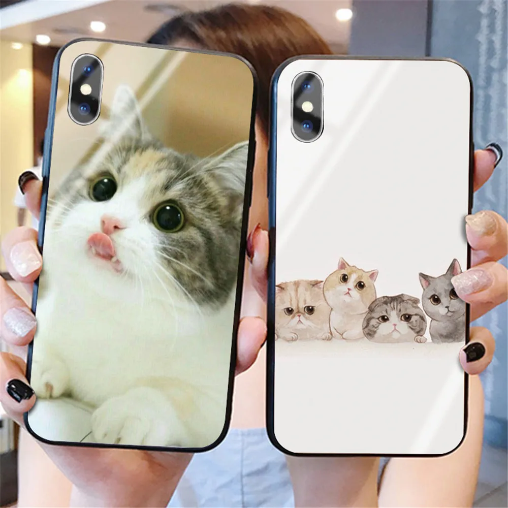 Забавная Милая задняя крышка с изображением кота для iphone XS Max XR X 5 5S 6 6S 7 8 Plus 11 Pro Max, милые чехлы из закаленного стекла