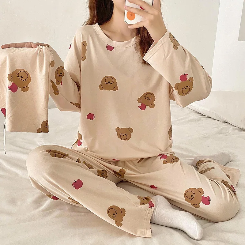 

Новинка, Хлопковая пижама для отдыха для женщин, комплект из 2 предметов, пижама, женская одежда для сна, пижама с длинным рукавом, Весенняя д...