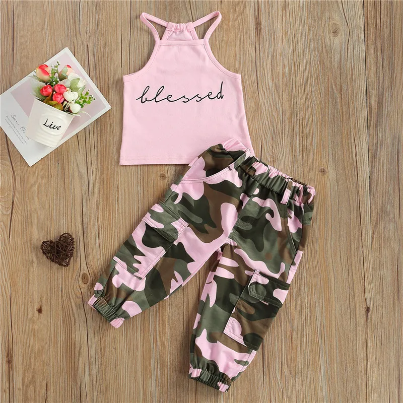 

Girl’s 2Pcs Clothes Set Sleeveless Letter Printed High Neck Halter Tops with Camouflage Printed Long Pants